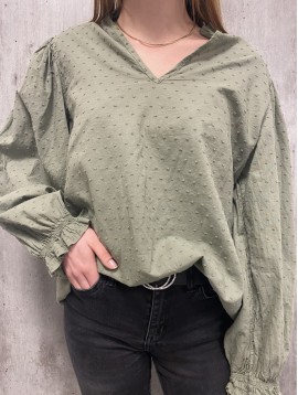 Top manches longues blouse avec pois surpiqués ton surton et col V 