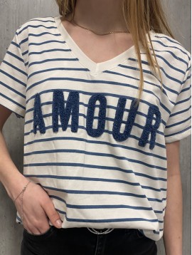 Tee shirt rayé col V floqué \"AMOUR\"