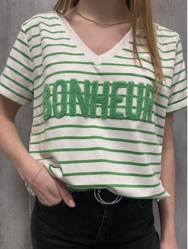 Tee shirt rayé col V floqué "BONHEUR"