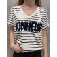 Tee shirt rayé col V floqué "BONHEUR"