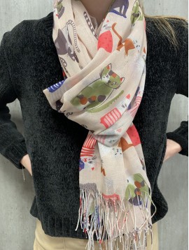 Echarpe viscose imprimée multi chats avec franges