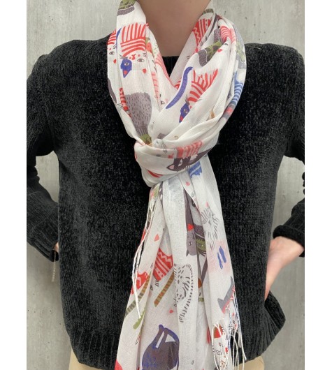 Echarpe viscose imprimée multi chats avec franges