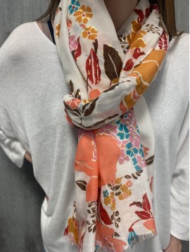 Echarpe viscose imprimée bouquets de fleurs et feuilles avec lurex