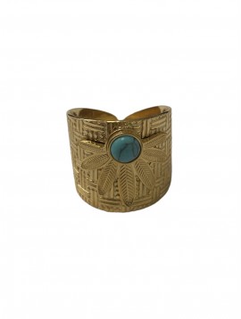 Bague Acier - Bague réglable avec feuille et pierre 