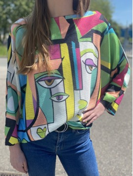 Top pull oversize imprimé visge geometrique visage multi oeil