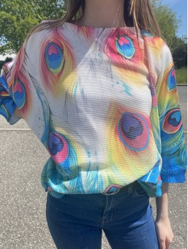 Top pull oversize imprimé plumes de paon avec coeurs 