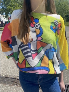 Top pull oversize imprimé buste de femme psychedelique avec fleur