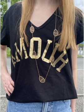Tee shirt col V floqué Amour brillant