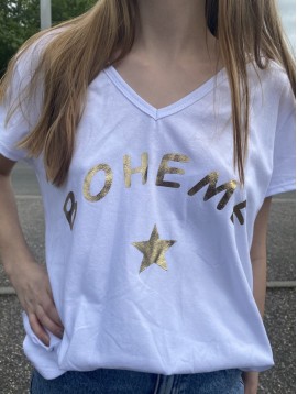 Tee shirt col V floqué Bohème brillant