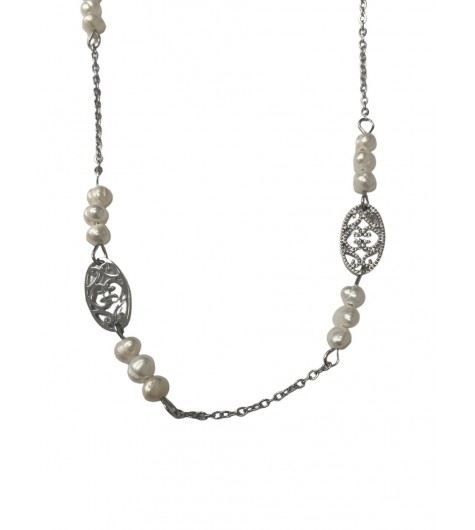 Collier Acier - Collier perles et motif ovale 