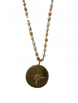 Collier Acier - Pendentif bousole sur chaine avec perle cylindrique 