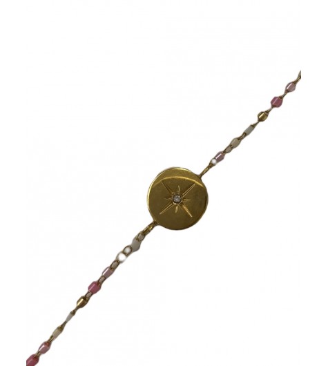 Bracelet Acier - Pastille boussole sur chaîne  avec perles cylindrique