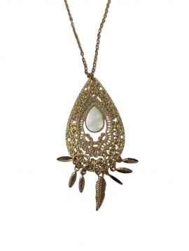 Collier Acier - Pastille ovale travaillé et pierre effet nacré 