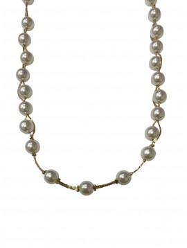 Collier Acier - Perles blanches sur chaine doubles mailles