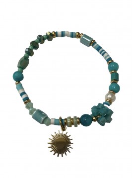 Bracelet Acier - Multirangs perles avec pendentif soleil et pastilles