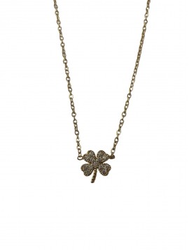Collier Acier - Petit tréfle avec strass sur chaine maille fine 