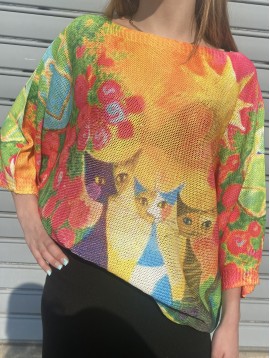 Top pull oversize imprimé chat sous le soleil