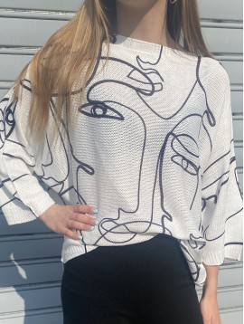 Top pull oversize imprimé visages minimalistes