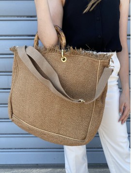 Sac porté main en toile avec lurex anses façon bambou