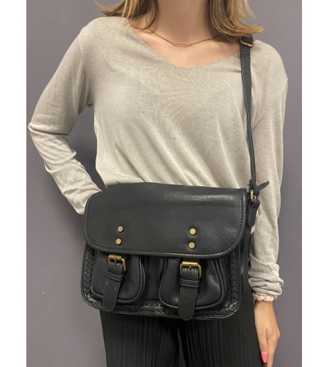 Sac porté travers, style cuir vieilli à rabat et boucle avant 