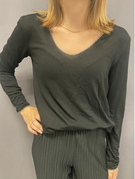 Tshirt fin manches longues décolleté V avec détails lurex 