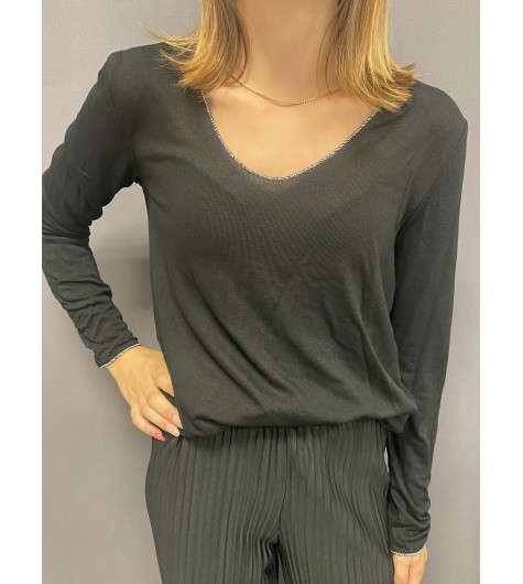 Tshirt fin manches longues décolleté V avec détails lurex 