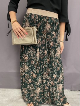 Jupe longue plissée taille élastique lurex imprimée fleurs