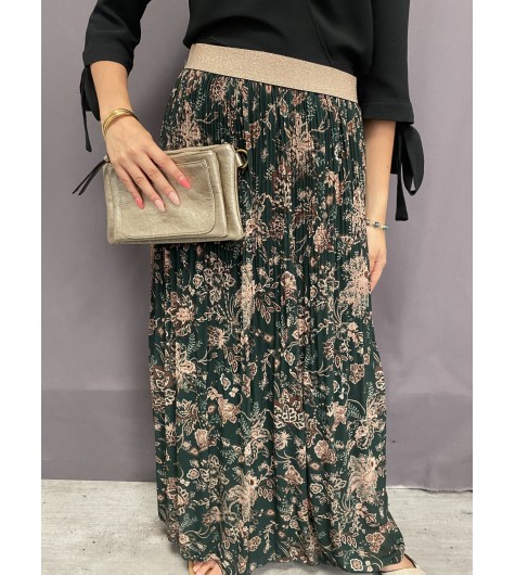 Jupe longue plissée taille élastique lurex imprimée fleurs