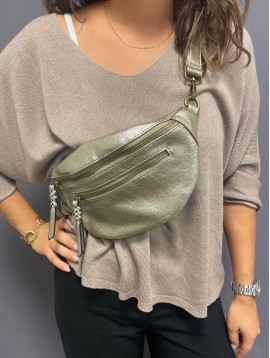 Sac synthé métallisé double zip forme petite banane.