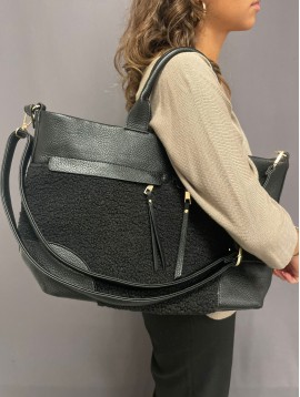 Sac grand porté main grainé et tissu style mouton
