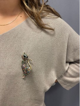 Broche - Chat doré avec strass incrustés 