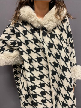 Veste/ poncho pied de coq lurex col et manches fourrure 