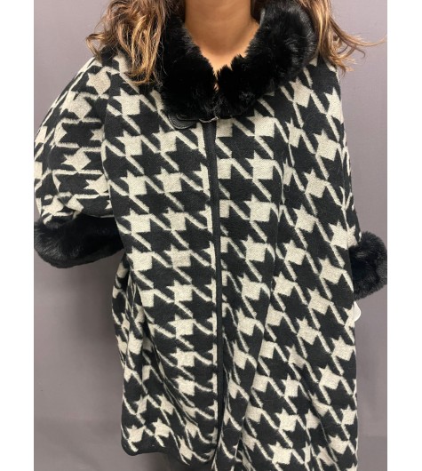 Veste/ poncho pied de coq lurex col et manches fourrure 