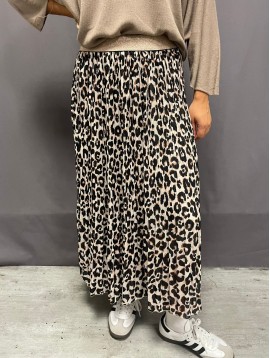 Jupe plissée mi-longue taille élastique lurex imprimée leopard