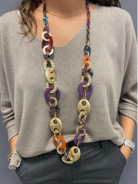 Collier long - Sautoir anneaux résine et grains de café métal