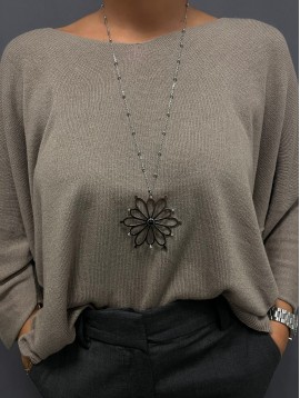 Collier Acier- Pendentif  fleur sur chaine et petites boules 